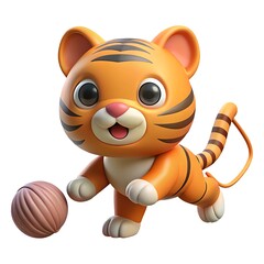 Cartoon tiger playing with a ball on white background