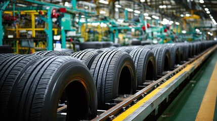 Tire Manufacturing Line: Rows of black tires roll through a factory, symbolizing mass production and automotive industry, set against a backdrop of industrial machinery.