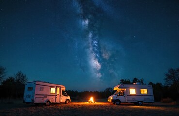 Two RVs parked under a starry night sky with a campfire glowing between them. Travelers embrace outdoor adventure and freedom on this scenic night journey. Milky Way galaxy visible.