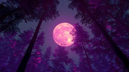 Naklejka premium Enchanting mystical forest scene with glowing pink full moon at night