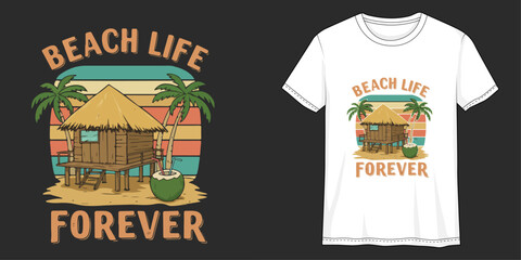 Beach Life Forever: A tropical illustration, captures the essence of beachside living, featuring a charming bungalow, swaying palm trees, and vibrant, warm color palettes.