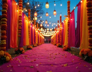 Vibrant Navaratri garba setup with colorful fabrics, flower garlands, string lights. Pink carpet path leads through festive decorations creating lively, celebratory atmosphere. Perfect for cultural