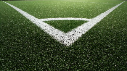 Close-up view of a soccer field corner kick area with crisp white lines and green turf