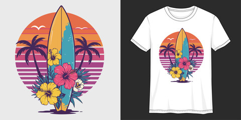 Tropical Surfboard Design: A vibrant, eye-catching graphic showcases a surfboard adorned with tropical flowers, set against a sunset and palm trees, creating a perfect design for apparel.
