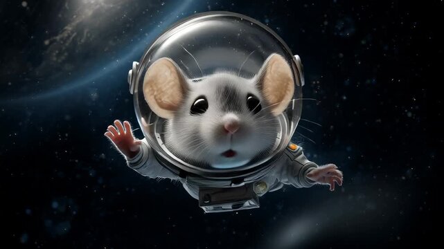 Small mouse wearing detailed spacesuit floating weightlessly in starry cosmic environment. Adorable rodent astronaut with large ears and expressive face explores space background