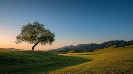 Fototapeta premium Lone tree on a grassy hill at sunset, with soft golden light bathing the landscape and mountains in the distance creating a serene and tranquil atmosphere.