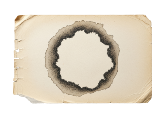 Macro photo of a dried water stain with a dark sediment ring on an aged, off-white, fibrous paper with torn edges, laid flat on a transparent background, concept of detailed scientific study