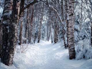Fototapeta premium Snowy Path Through Birch Forest in Winter