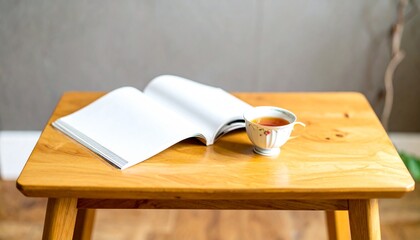 A cozy moment captured an open book rests on a wooden table next to a steaming cup of tea, evoking warmth and relaxation