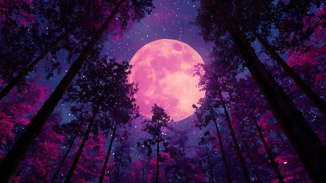 Mystical enchanted forest under a giant luminous pink moon at night