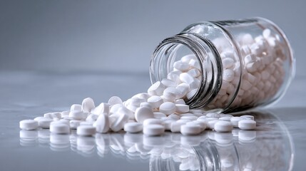 Pills spilling from a glass jar, creating a reflective pattern. The monochromatic color scheme emphasizes the pills and their arrangement.
