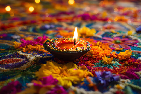 Diwali celebration Indian festival of lights Diya oi lamp and colors Rangoli dcoration bright colorful fowers