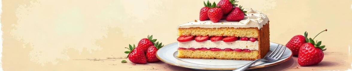 Vintage style drawing of strawberry cake, rich detail, sugar, strawberry, colorful