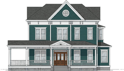 Vector illustration of Victorian style house with front porch, teal wood siding, classic architecture, historic home design, suburban charm.