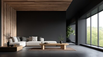 Cozy room with a big window, textured wood wall, dark floor, and light colored sofa