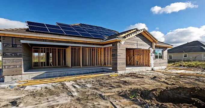 Under-construction house with solar panels