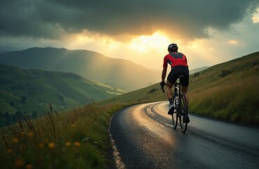Naklejka premium Cyclist pedals on winding country road through misty hills. Dramatic stormy skies with golden light create epic landscape symbolizing endurance and adventure in nature.