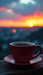 Fototapeta premium Warm coffee in ceramic mug, dusk sky backdrop, drink, serene