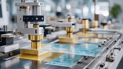 Close Up Of Industrial Packaging Machine With Gold And Blue Components