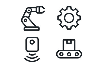 Industrial automation icons: robotic arm, gear, sensor, conveyor belt for manufacturing and technology