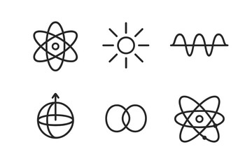 Abstract science and physics symbols: atom, sun, wave, globe, infinity