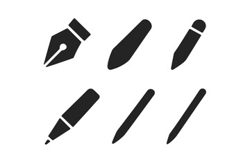 Writing and drawing tools icons: pen, pencils, marker on white background