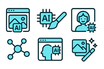 Digital technology and concepts, creative tools, data processing, and human learning icons