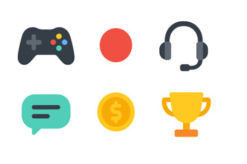 Modern flat icons for gaming, finance, communication, and achievement