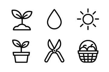 Gardening icons for growth, watering, planting, pruning, and harvesting fresh produce