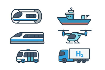 Modern transportation vehicles: high-speed train, cargo ship, helicopter, bus, hydrogen truck