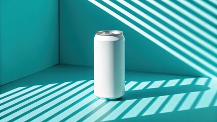 Minimalist white beverage can casting a shadow on a vibrant teal background with diagonal light patterns