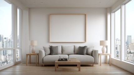 Interior shot of a sunlit modern living room, featuring a blank picture frame and cityscape views