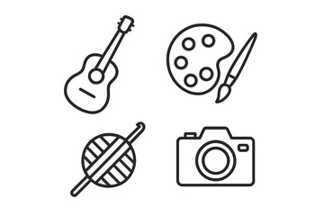 Creative hobby icons: guitar, paint palette, yarn, crochet hook, camera