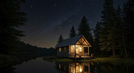 Fototapeta premium Illuminated Cabin Reflecting in Lake Under Starry Night Sky