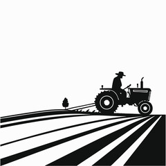 Farmer plowing with tractor silhouette