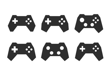Six black video game controllers with directional pads and buttons, isolated on white