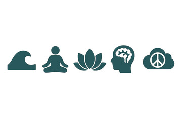 Five conceptual icons for wellness, nature, and mindfulness in a cloud