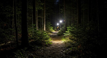 Illuminated Forest Path at Night: Headlamps Guide Hikers Through Dark Woods