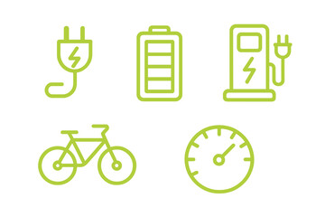 Electric transportation and energy icons: plug, battery, charging station, bicycle, speedometer