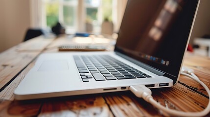 Laptop on a wooden desk with a charging cable plugged in, showcasing modern technology and connectivity for work or personal use
