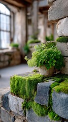 Green Moss and Vines on Ancient Stone Wall