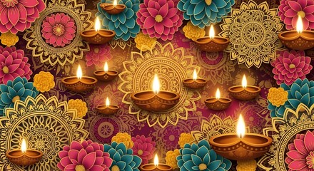 Fototapeta premium Vibrant Diwali celebration background with lit diyas and colorful flowers in warm tones