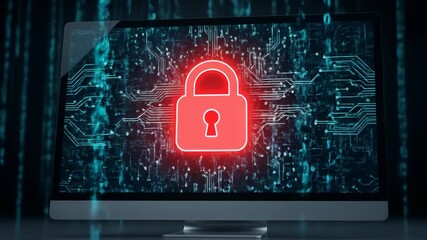 A glowing red padlock icon on a computer screen with a circuit board background represents the concept of cybersecurity data protection and online privacy in the digital age - Powered by Adobe