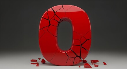 Broken red zero number with cracked surface on dark background