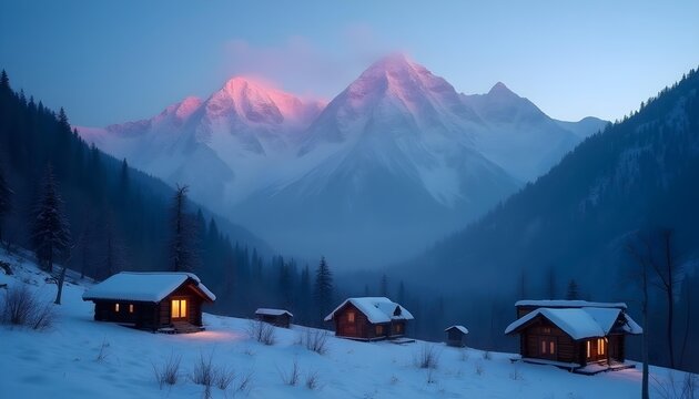 A magical twilight view from Fairy Meadows looking at Nanga Parbat glowing faintly in the fading light. The meadows are snow-covered, with wooden huts scattered in the foreground, their windows warmly