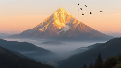 Fototapeta premium Golden mountain peak bathed in sunrise, mist-filled valley below, birds circling.
