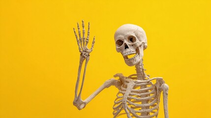 Skeleton greeting on bright yellow. A humorous and macabre wave of bone. Oddly charming, set against a bold, sunny backdrop.