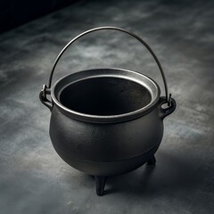 Antique cast iron cauldron with a handle and three legs on a textured dark background