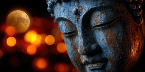 A close-up of a serene Buddha statue with a full moon in the night sky.