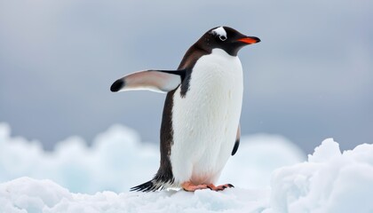 Naklejka premium Gentoo penguin walking on ice antarctica wildlife photography cold environment close-up perspective nature's beauty